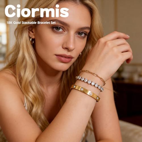 18K Gold Plated Paperclip Chain Tenni Bracelets Set, Stackable Rhinestone Bangle Bracelets for Women Tarnish Free Women's Trendy Jewelry Stainless Steel Hand Chain Bracelet Jewelry Gift Set for Women — view 4