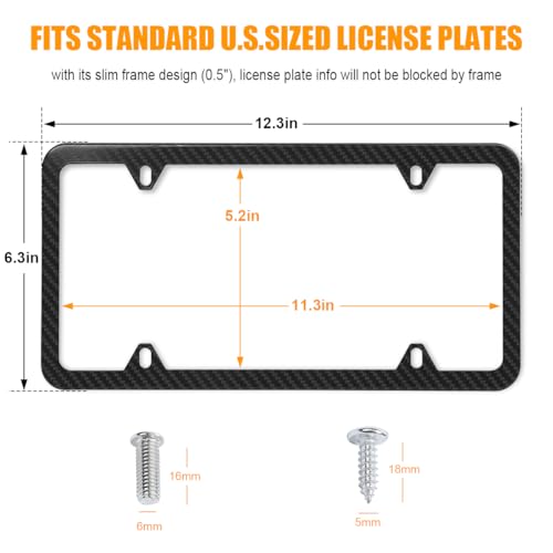 Image of Osilly Car License Plate Frames, 2 Pack 4 Holes Stainless Steel Car Tag Holder, Universal US Standard, Slim Design Rust-Proof License Plate Covers with Screw Caps, Auto Accessories (Carbon Fiber)