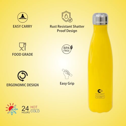 Image of Clay Craft VACBOTT Stark Double Walled 18 Hours Hot and 24 Hours Cold Water Flask Bottle-500ML, 2-Piece(Yellow) Leak Proof|Easy to Carry|Gym Bottle|Home|Kitchen|Hiking|Travel Bottle|BIS Certified