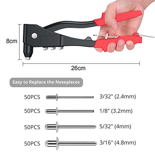 eSynic Riveting Tool Pop Rivet Kit, Professional Pop Rivet Gun Heavy Duty Hand Riveter Kit Rivet Tool with 200 Rivets-2.4mm 3.2mm 4mm 4.8mm four Sizes for Metal, Wooden and Plastic - Thumbnail 2