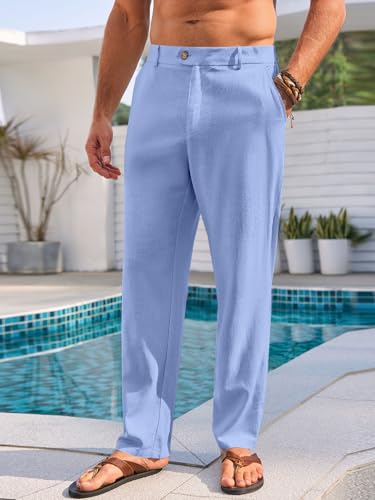 Image of Runcati Mens Casual Pants Elastic Waist Linen Dress Lightweight Straight-Legs Loose Fit Summer Beach Yoga Trousers