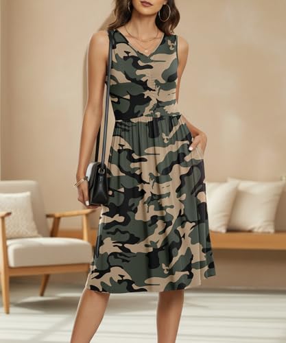 Image of NILOUFO Sleeveless Dress for Women Summer Knee Length Sundress with Pockets | Sundresses for Women Tank Empire Waist Sun Dress Cold Shoulder Casual V Neck Midi Dress Flowy Summer Dresses for Women