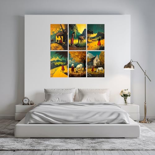 Image of SiddArtify Vintage Landscape Wall Art Prints Set - Woman and Horse Poster Decor for Living Room Bedroom Office - 8x12 inch Board Pack of 6