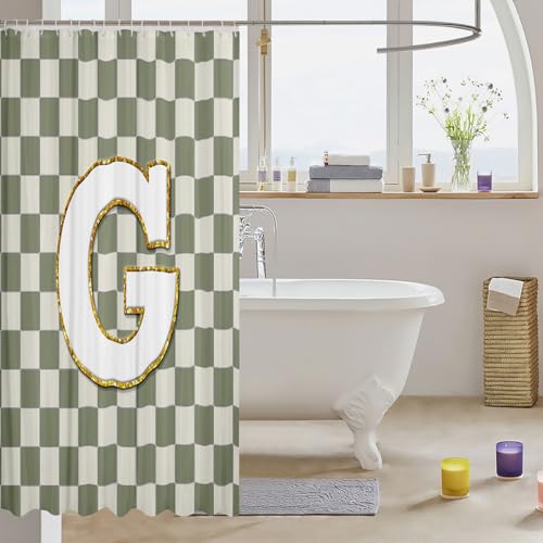 Image of Erosebridal Sage Green Checkered Shower Curtain 72 inch Wx72 L Plaid Initial G Bathroom Curtain Personalized Monogram Bathroom Accessories for Kids Adults,Fashion Grids Gingham Shower Decor