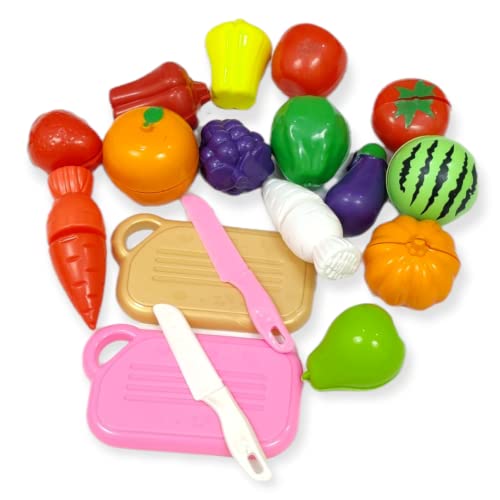 Image of PLUSPOINT Fruit Cut Toy with Storage Basket Realistic Sliceable Cutting Fruits and Vegetable Pretend Play Kitchen Toys for Kids 7-Fruits / 7-Vegetables / 2 Board / 2 Knife (Multicolour), 18pc