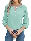 Micoson Tunic Tops for Women Loose Fit Dressy 3 4 Length Sleeve Flowy Chiffon Blouses V Neck Henley Work Shirts Business Casual Tops Mint Green M