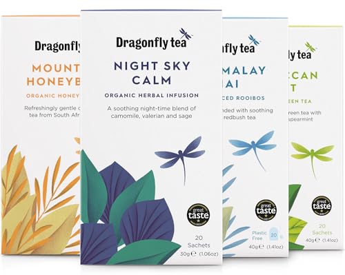Dragonfly Tea Selection Box (4x20-80 Teabags) - Organic, Green & Herbal Tea Gift Set: Mountain Honeybush, Cape Malay Chai, Night Sky Calm, Moroccan Mint