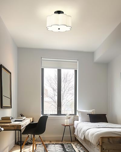 Image of Semi Flush Mount Ceiling Lights, 3-Light 13 inch Ceiling Light Fixtures with Fabric Shade in Flower Shape, Matte Black Drum Lighting for Nursery Hallway Bedroom Kitchen, AD-22007-3SF-BK