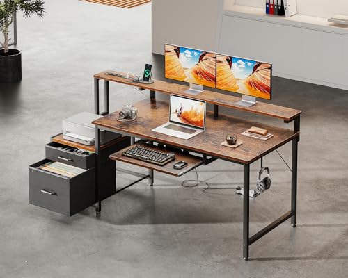 AODK Computer Desk with Drawers, 55\" Office Desk with Keyboard Tray and Power Outlet, Reversible Study Work Desk with Printer Space and File Drawers Cabinet for Home Office, Vintage - Thumbnail 2