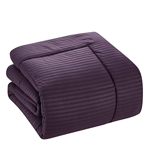 Image of Sweet Home Collection 8 Piece Comforter Set Bag Stripe Design, Bed Sheets, 2 Pillowcases, 2 Shams Down Alternative All Season Warmth, King, Dobby Purple
