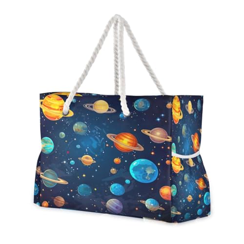 Galaxy Planets Beach Bag & Travel Tote Bag Large Sandproof with Zipper Closure, Wet Pouch for Swim Gym Travel