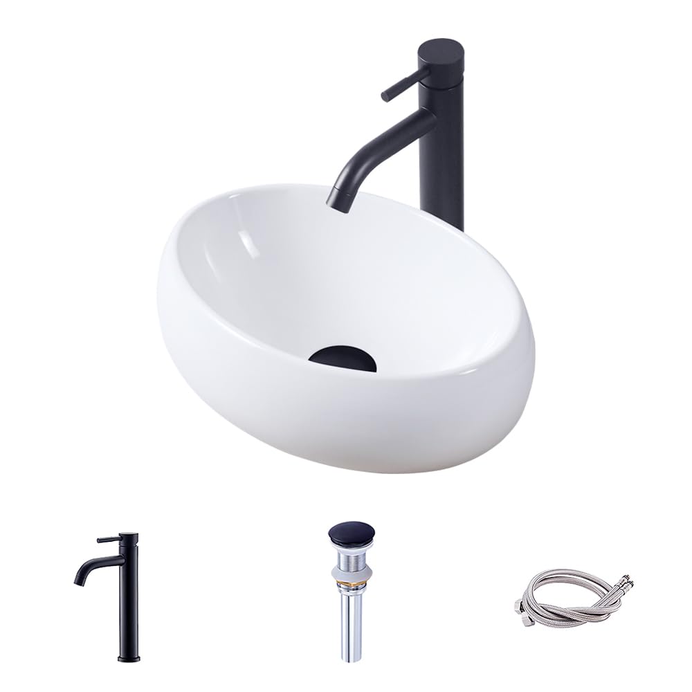 Fregadero ovalado de cerámica de 16 x 11.8 x 5.3 pulgadas, fregadero de baño sobre encimera con grifo y drenaje emergente, diseño curvado suave, duradero y fácil de instalar y limpiar