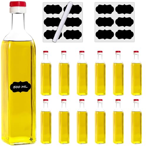 slkfactory 12 botellas de cristal vacías de 500 ml MAR para zumo con tapón de aceite rojo y etiquetas, para rellenar, 0,5 litros, botellas de licor, vinagre, aceite (12 x 500 ml)