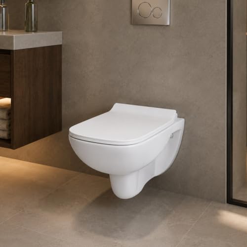Image of KRISS KROSS Pacific Wall Hung Western Toilet | P-Trap Wall Outlet Commode with Soft-Close Seat Cover | Ceramic Wall Mounted EWC for Bathroom | White | 50.5 x 35.8 x 36.6 cm