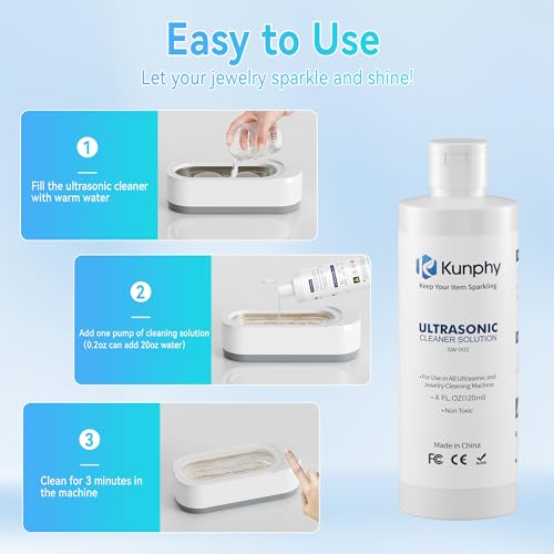 KUNPHY Ultraschallreiniger Konzentrat [120ml]-Reinigungsmittel für Ultraschallgeräte-Schmuckreiniger in Allen Ultraschallreinigungsgerät, Brillen, Schmuck, Silber, Münzen & Uhren