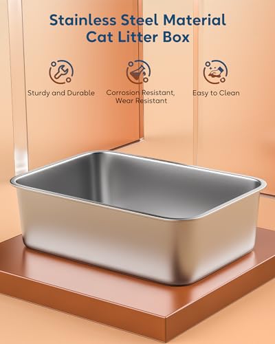 ZeroPone Stainless Steel Cat Litter Box with Top Lid, High Wall Sides Enclosure, Covered Litter Box for Kitty, Large Cat, with Litter Mat and Scoop, Easy Cleaning, Non-Sticky, Anti-Leakage (1 Pack) - Thumbnail 4