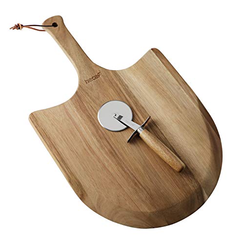 hecef Pelle a Pizza avec Coupe Pizza, Planche Apero en Bois d’acacia avec Poignée Allongée et Grand Bord Effilé, Plaque Pizza avec Pizza Accesoire pour Pizza Maison, Fromage, Fruits et Gâteaux, 30cm