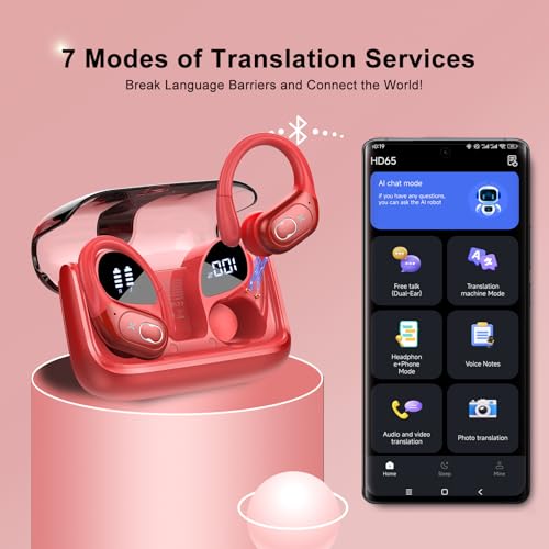 Image of AI Translation Earbuds Real Time, 164 Language Translator Earbud 3-in-1 Bluetooth 5.4 Translator Earbuds with 6 Translation Modes, 75H Translators Headphones with APP for Travel Business, Bright Red
