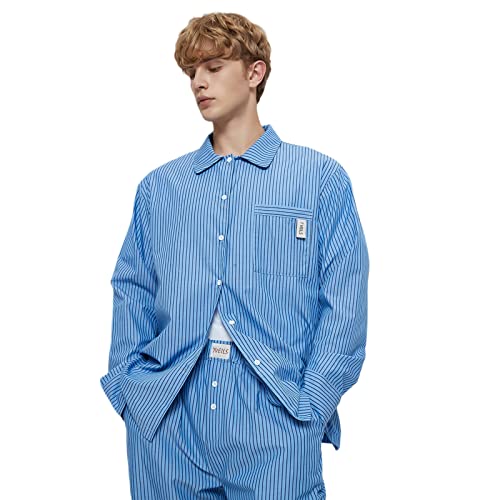7 VEILS Mens Natural Lyocell Cotton Long Sleeve Pajamas Set Button Down Loungewear Sleepwear Striped Pjs Set