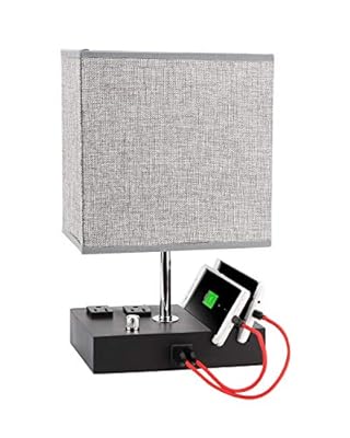 Fully Dimmable Table Lamp for Bedroom Dual USB Port - EVISTR Bedside Lamp for Nightstand Desk Lamps with Charging Station 2 Power Outlets, Grey Fabric Lampshade LED Bulb Included (Black/Grey)