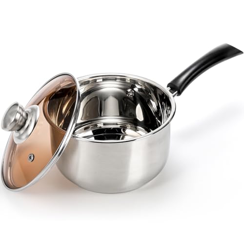 ZEAYEA 16cm Saucepan with Glass Lid, 2L Stainless Steel Milk Pan with Long Heatproof Handle, Multipurpose Induction 2 Quart Cookware Pot for Home Kitchen Restaurant Cooking