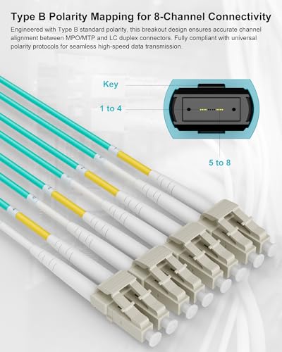 Image of MPO /MTP Fanout Fiber Patch Cable 1m /3.3ft, MPO /MTP to 8 X LC (4 Duplex), 10 /40 /100G QSFP+ OM3 8 Strands UPC Breakout Cable - Aqua 50 /125μm LSZH for Data Center Network Connectivity
