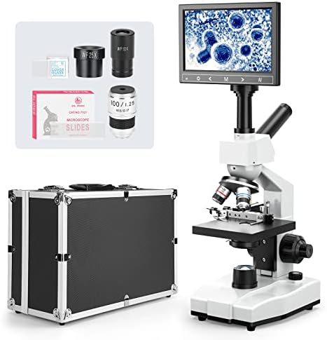 Vabiooth Dual-View Lab Compound Monocular Microscope 40X-2500X Magnification with 7" LCD Display, Wide-Field 4X/10X/40X(s)/100X(Spring Oil) Eyepieces, Adjustable Mechanical Stage, Aluminum Carry Box