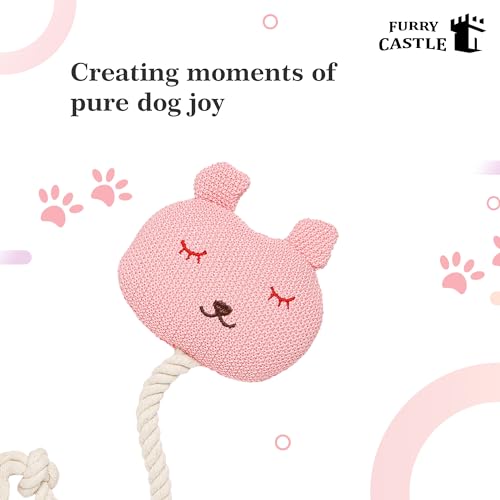 Image of Knitted Bunny Ratle Dog Toy Polyester and Cotton with Thick Cord and Squeakers - Pink