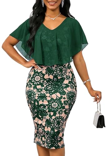 Women's Sleeveless Cape Dresses with Lace Overlay Vintage 1950s Business Office Bodycon Pencil Dress Green X-Large