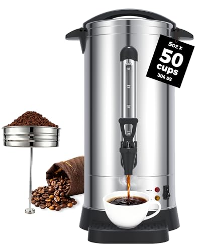 OSTBA 950W Commercial Coffee Urn 50 Cup / 8.3L 304 Stainless Steel Percolator Coffee Pot, Double-Wall Hot Water Dispenser Electric Coffee Maker Fast Brewing for Home, Office, Catering & Small Events