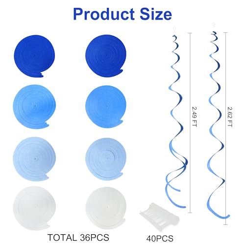 Image of 36 Pcs Blue Hanging Swirl Decorations Ombre Royal Blue White Felt Swirl Streamer Spiral Ceiling Garland for Birthday Wedding Shower Graduation Under The Sea Nautical Ahoy Achor Party Supplies