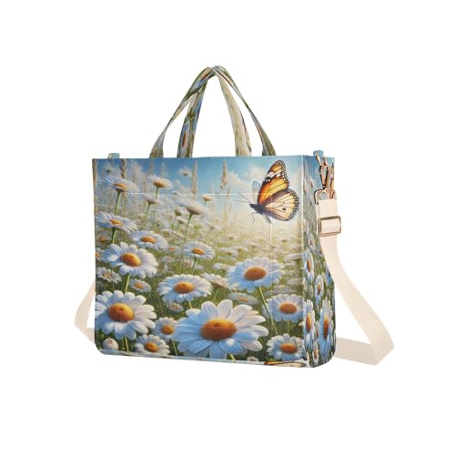 Emelivor White Daisies Butterfly Tote Bag for Women Large Corduroy Canvas Tote Bag Teacher Crossbody Bag for Travel S2