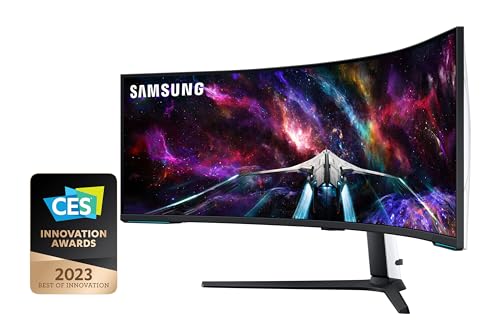 Monitor Gamer Samsung Odyssey 57' Mini LED, DUHD, 240Hz, 1ms, tela super ultrawide, HDMI, Display Port, USB, Freesync Premium Pro, com ajuste de altura, branco, série Neo G9