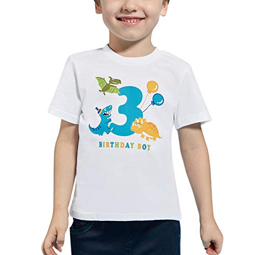 AMZTM 3 años Dinosaurio Camiseta de Manga Corta Cumpleaños Bebé Niño Cumpleaño Manga Corta Tops 3ro 100% Algodón Blanca Dino Impreso Tops T Shirt (Blanca, 3 años -100)