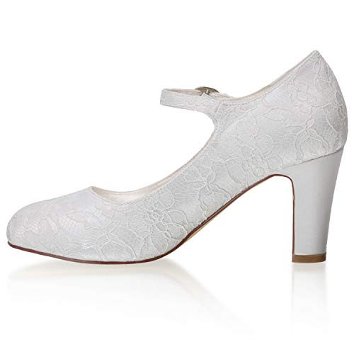JIAJIA 342158 Women's Memory Foam Bridal Shoes Closed Toe 2.9'' Block Mid Heel Lace Satin Pumps Wedding Shoes4
