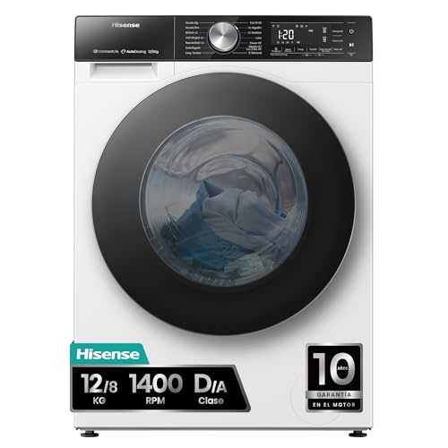 Hisense WD5S1245BW - Lavadora Secadora 2 en 1 con Vapor, Conctividad Wifi, Carga Frontal 12 Kg Lavado, 8 Kg de Secado, 1400 rpm, Motor Eficiente Inverter, Serie 5S, Sistema Antibalanceo, Puerta XL