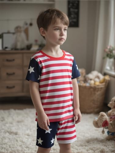 Image of Tkria Boys Patriotic Outfit 4th of July Short Sets Kids 2 Pieces Summer Short Sleeve T-Shirts and Shorts Clothes Sets