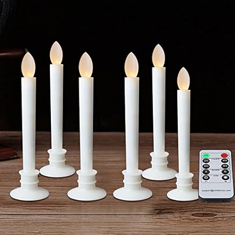 CelebrationLight 6 Pack Flameless Taper Candles with Remote/Timer, Battery Operated Flickering LED Window Candles, Vintage Christmas Electric Fake Candlesticks, White Holder Cover