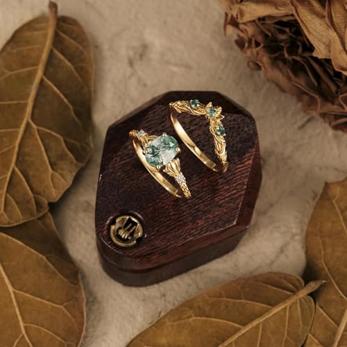 Kite/Oval/Pear Cut Nature Moss Agate Engagement Ring Set for Women,Vintage S925 10K 14K/18K Moss Agate Ring Moissanite Cluster Rings Art Deco Bridal Wife Custom Wedding Ring Set3