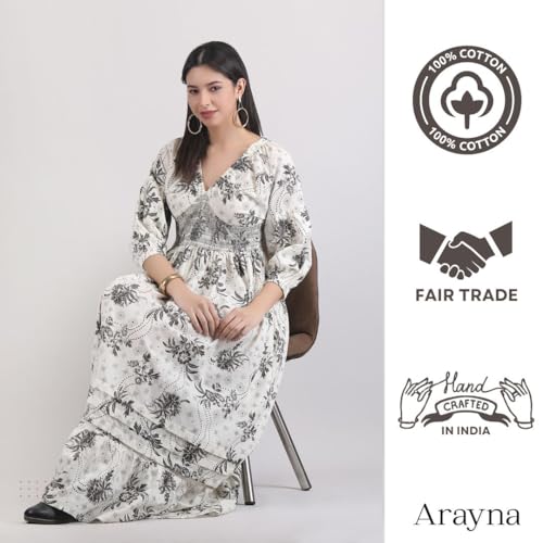 Image of Arayna Women's Casual Long Maxi Dress for Summer Wear, Urban Bohemian Floral Printed V Neck Smocked Outfit