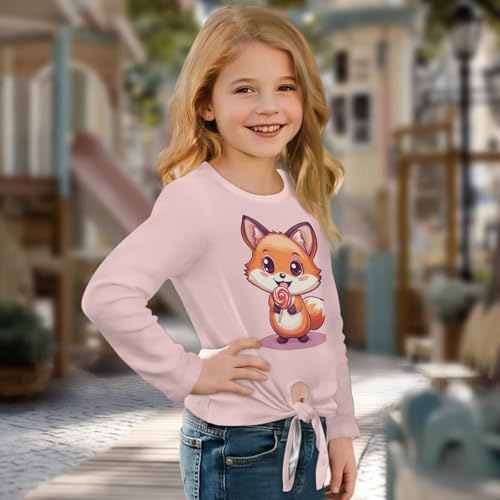 Girls Long Sleeve Shirts Cute Graphic Tees Casual Tie Front Knot Tops 5-12 Years3
