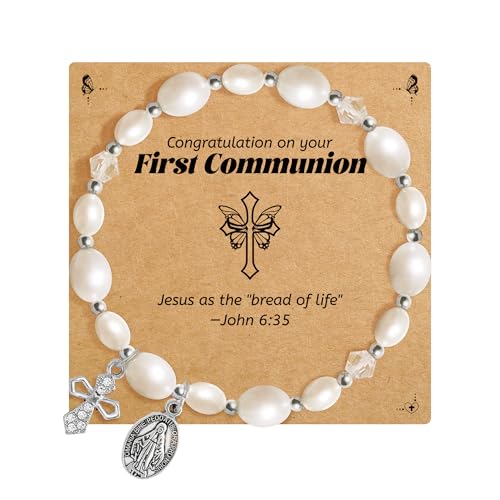 Image of BAYLAY First Communion Baptism Confirmation Gifts for Kids Girls - Cross Bracelet for Girls Pearl Bracelet First Communion Baptism Confirmation Bracelet