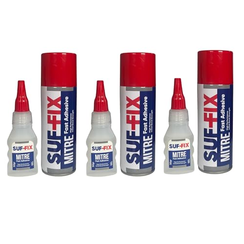 SUF-FIX 3x Mitre Adhesive Spray and Gel Two-Unit Kit | 50g Adhesive 200ml Activator Spray Instant Gluing | Fast Adhesives Kit for Wood, Glass, Plastic, Leather, Metals (Clear, Pack of 3)