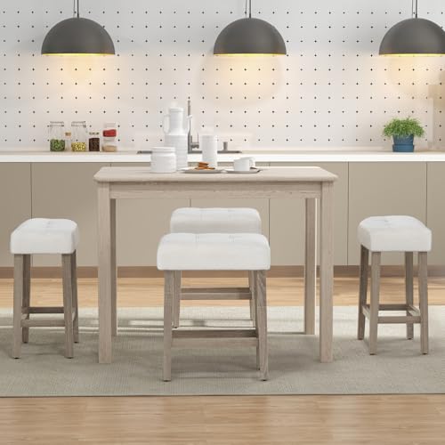 Image of Giantex Sherpa Bar Stools Set of 4, 24 inch Counter Height Kitchen Bar Stools with Cushioned Seat, Footrest, Solid Rubber Wood Legs, Farmhouse Upholstered Barstools for Kitchen Island