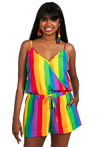 Tipsy Elves Multicolor Women's Cut Allover Rainbow Striped Romper for Pride Festivals and Summer Size Medium