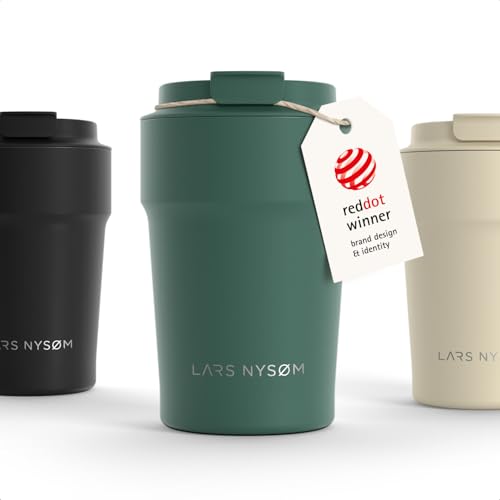 Image of LARS NYSOM Thermo Coffee Mug to go 13oz | Travel Mug 0.38 Liter with Insulation | Silicone grip base | Leak Proof Stainless Steel Tumbler for Coffee and Tea on the Go (Powder Pine Green, 13oz)
