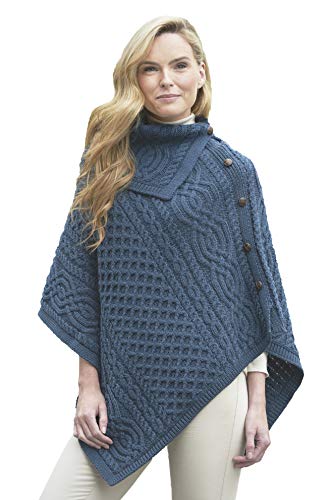 Aran Crafts Women's Cable Knit Buttoned Cowl Neck Poncho (100% Merino Wool)