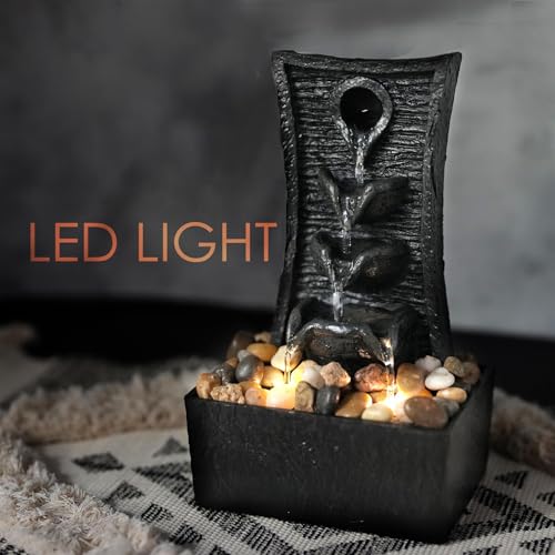 GEEZY Indoor Water Fountain - Tiers Design Water Feature with LED Lights - Mains Powered & Self-Contained, Table Top, Relaxing & Tranquil - Perfect for Home, Living Room, Office Decor