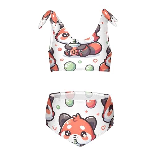 Image of Girls' Bikini Set, Cute Red Panda with Bubble Tea Cartoon Kids Swimsuit 2 Pcs Beach Bathing Suit