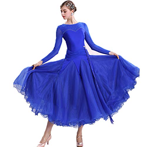 Elegante Traje de Baile de Tango Moderno Estándar Vestidos de Competencia de Baile de Salón para Mujeres Cuello Redondo Vals Performance Vestido de Tul Cubrir el Abdomen,Royalblue,XXL Cover
